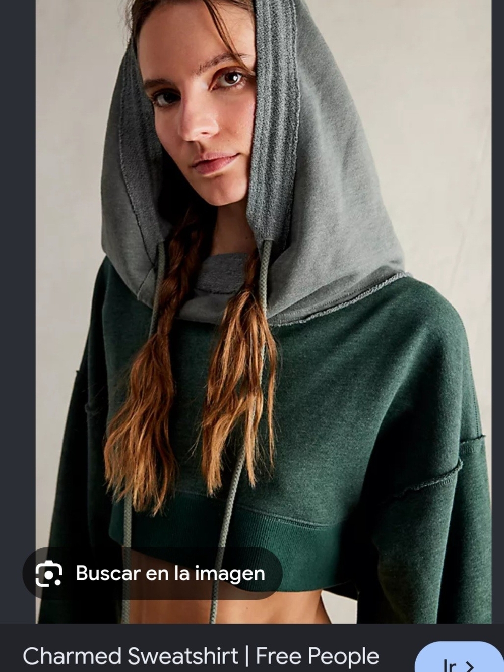Free People Two-Tone Green & Gray Cropped Hoodie Sweatshirt